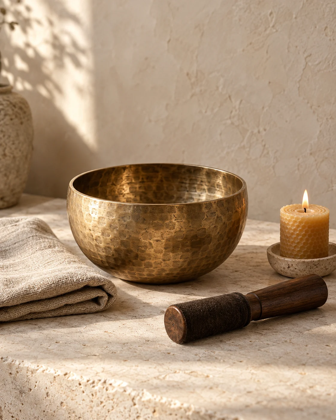 A hand-hammered singing bowl, wooden mallet and beeswax candle in warm morning light