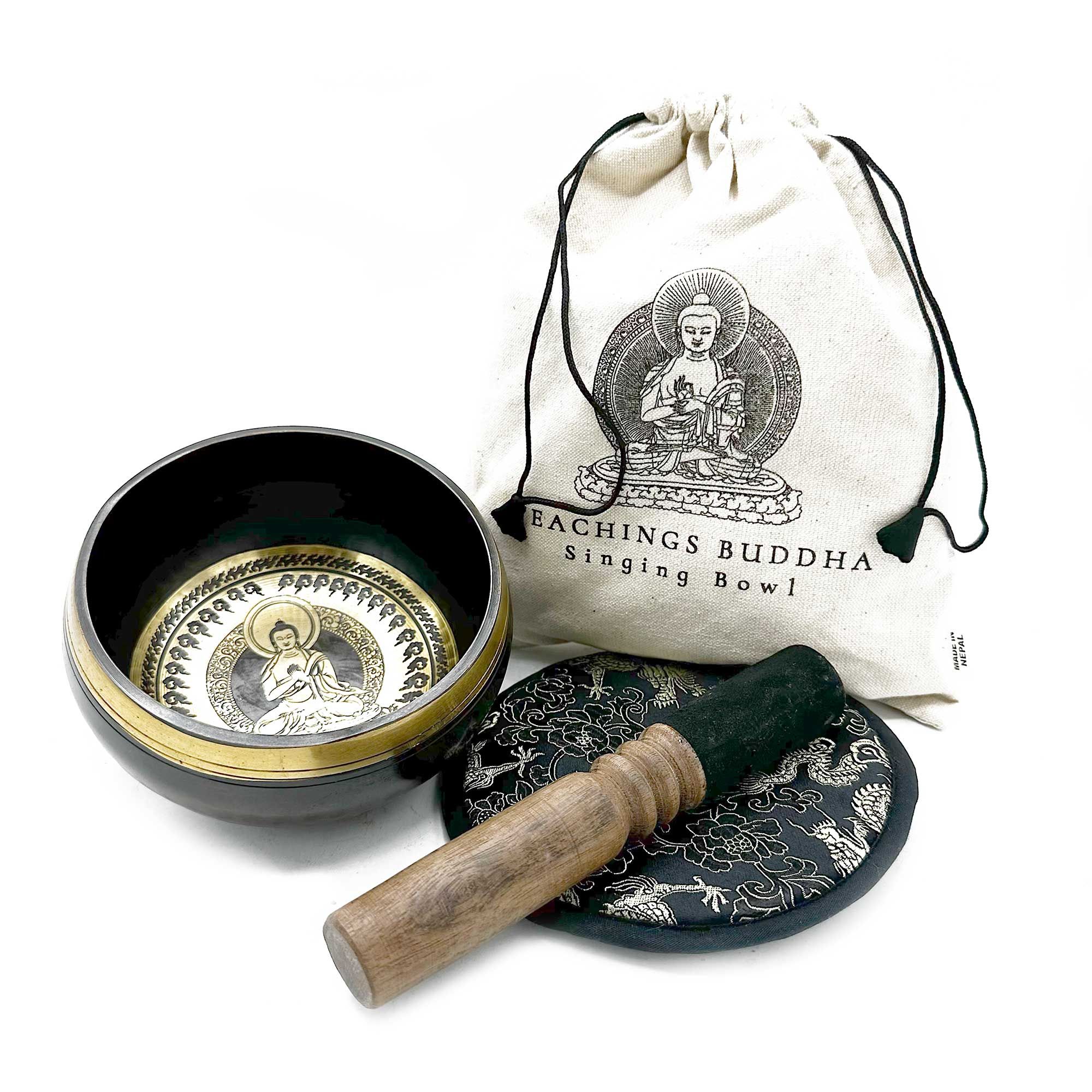 Hand Beaten & Engraved Singing Bowl Gift Set - 14cm - Teachings Buddha - Image 2