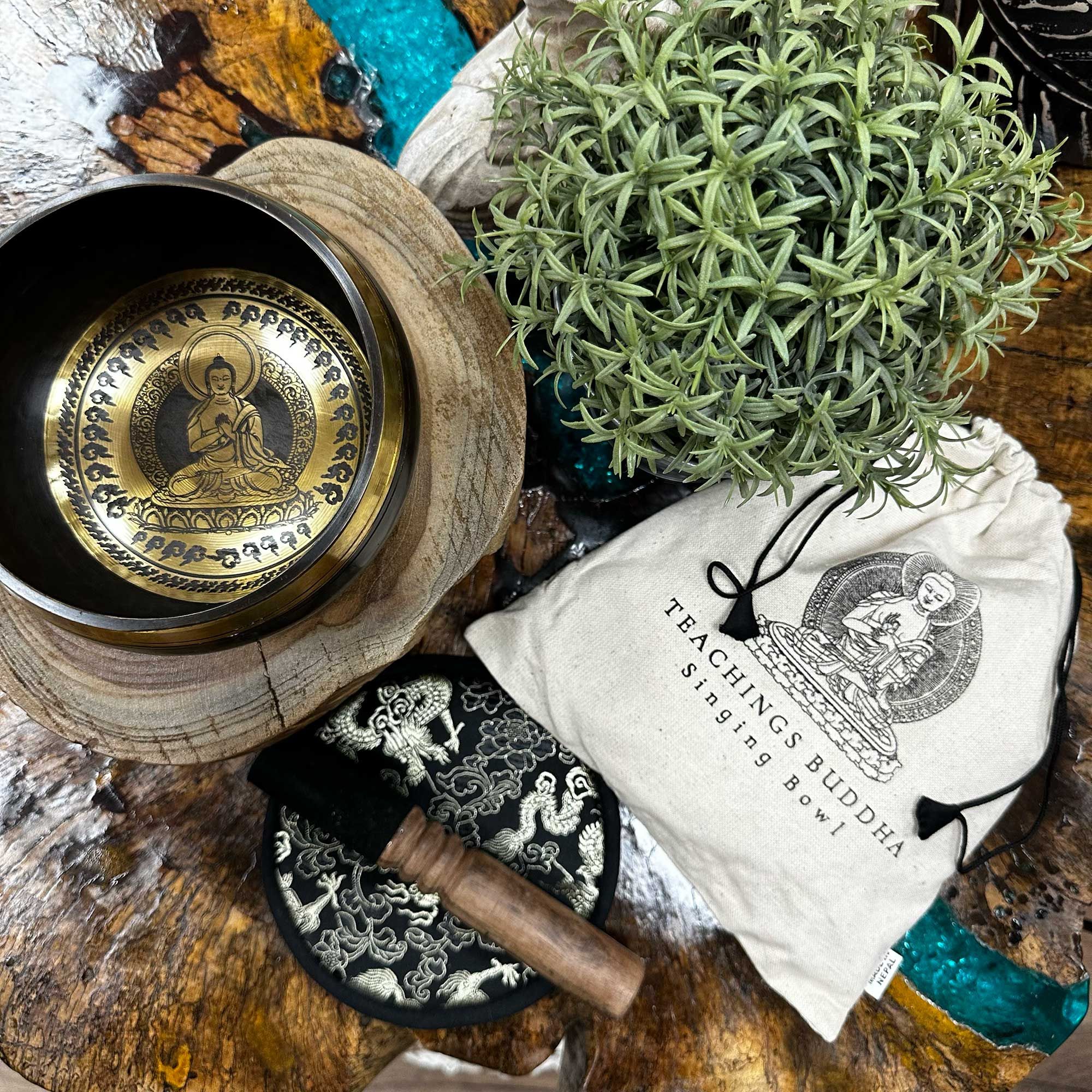 Hand Beaten & Engraved Singing Bowl Gift Set - 14cm - Teachings Buddha - Image 3