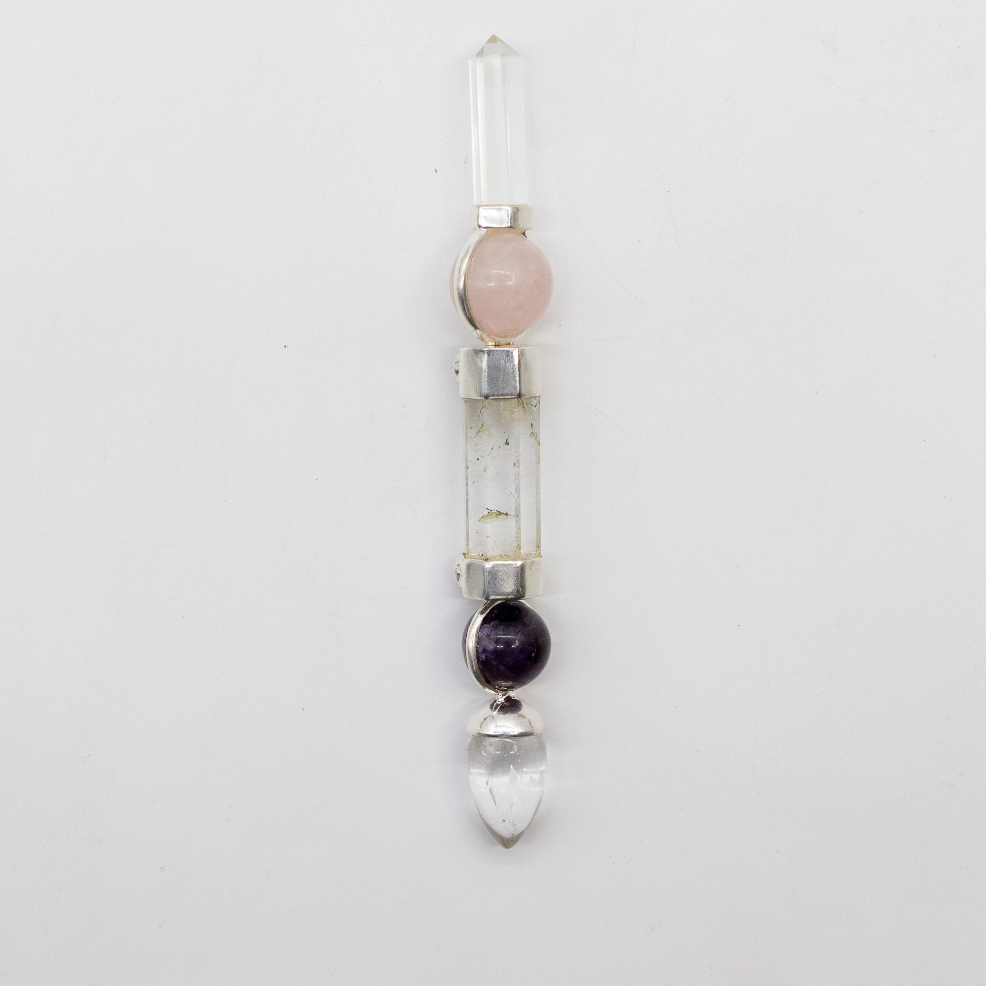 Axis of Grace Wand - Amethyst & Rose Quartz Spheres, Quartz Stem - 12cm - Image 3