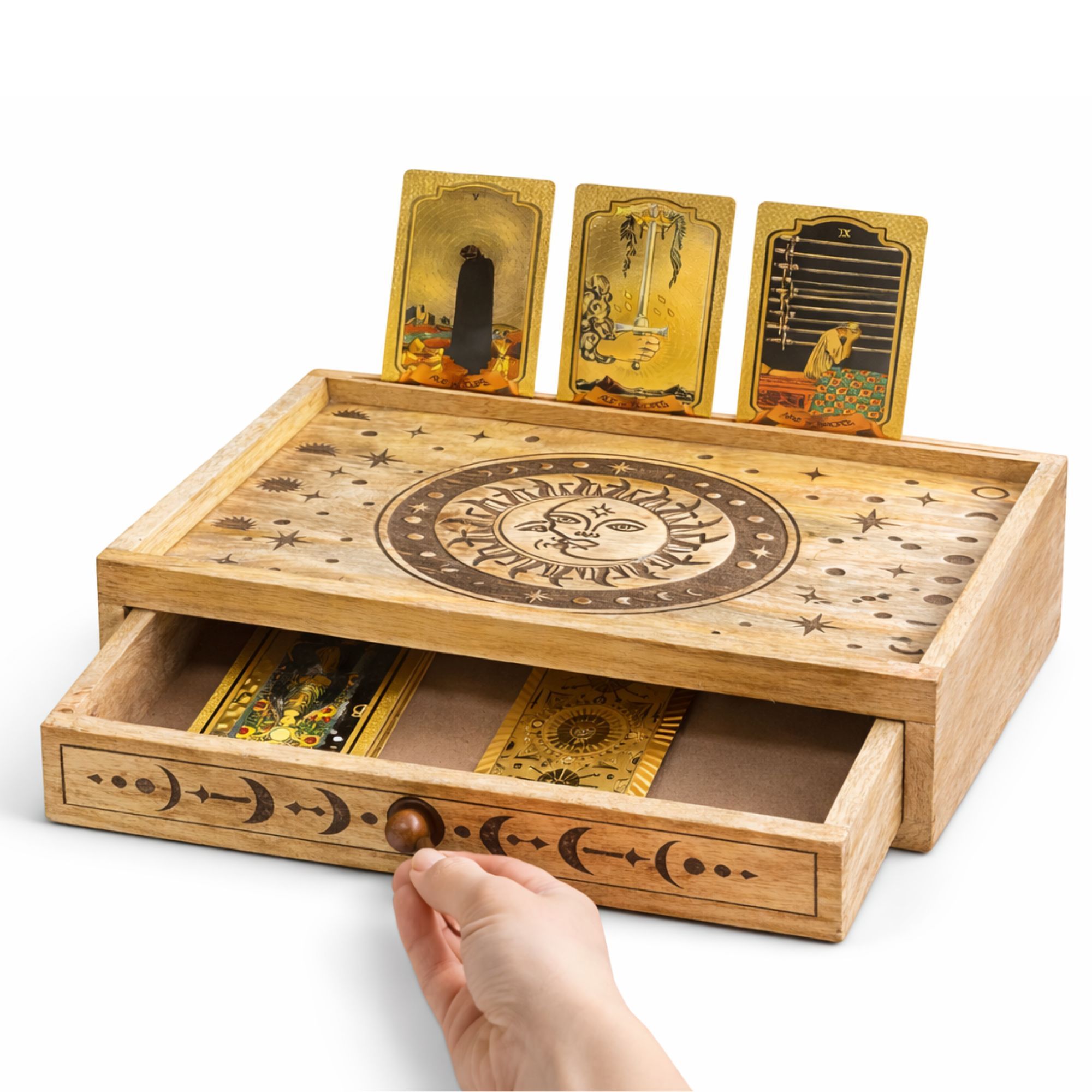 Sun Moon Carved Tarot Box with Drawer - Image 5
