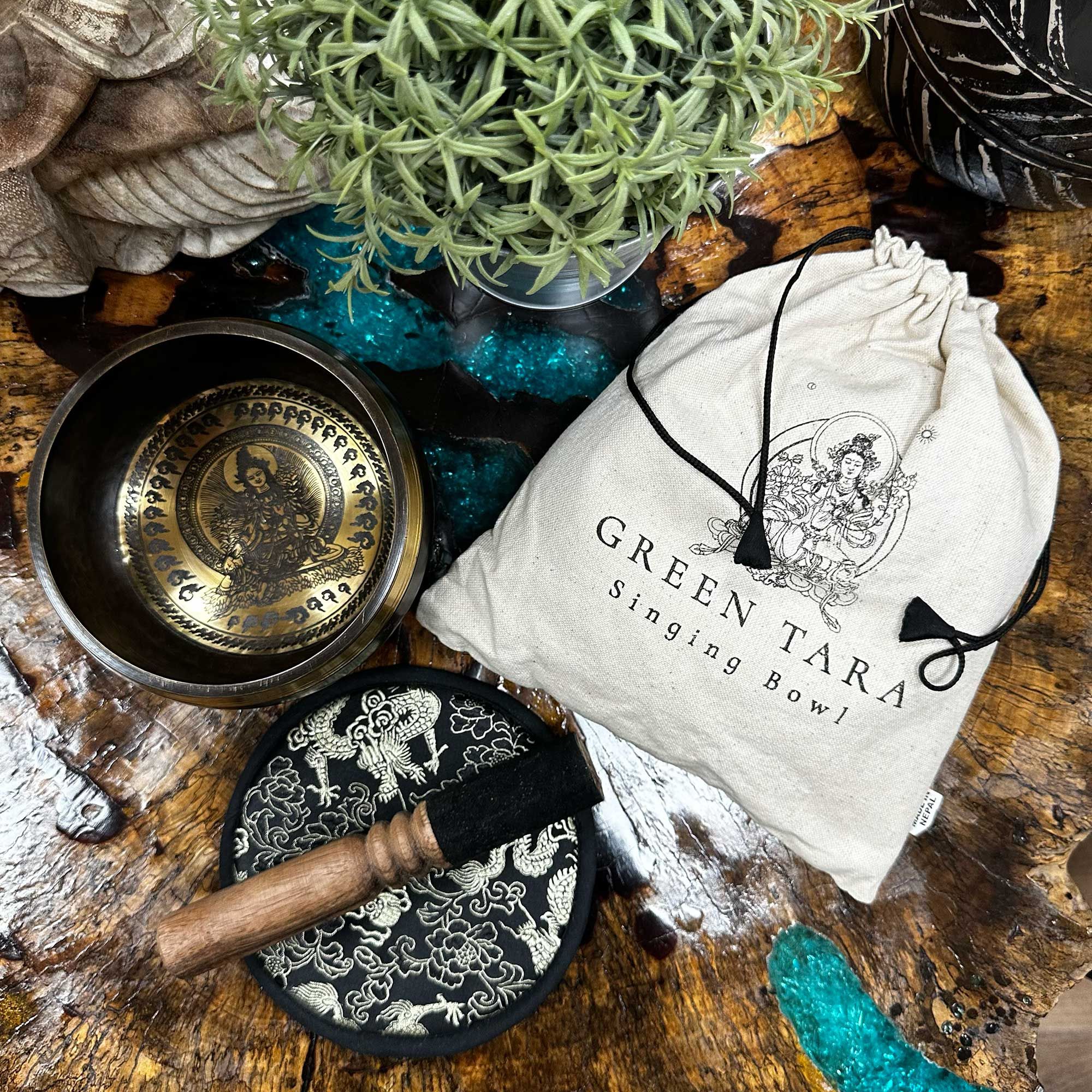 Hand Beaten & Engraved Singing Bowl Gift Set - 14cm - Green Tara - Image 3