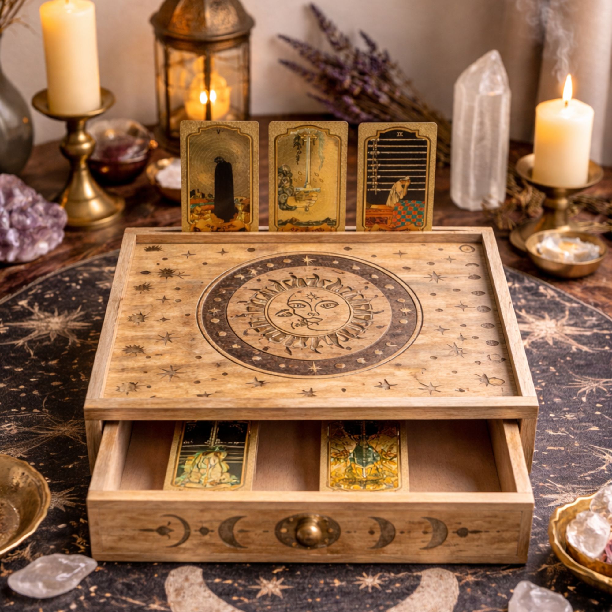Sun Moon Carved Tarot Box with Drawer - Image 3